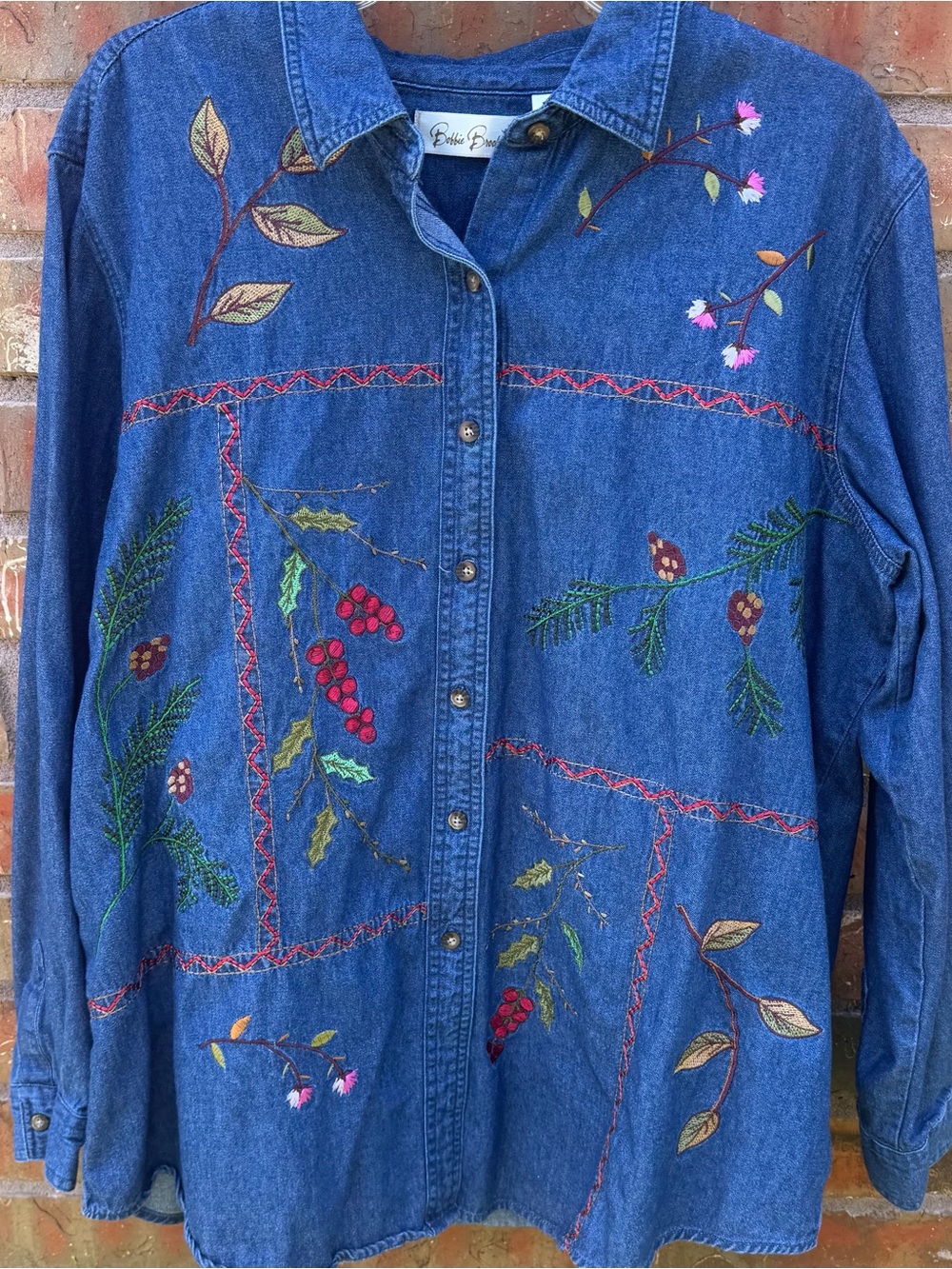 Vintage Bobbie Brooks Embroidered Denim Nature Theme Fall Long Sleeve Women XL